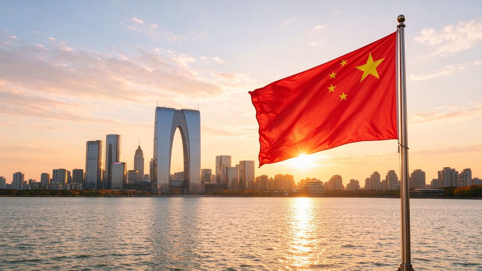 Five-star red flags flying by Jinji Lake in Suzhou for National Day